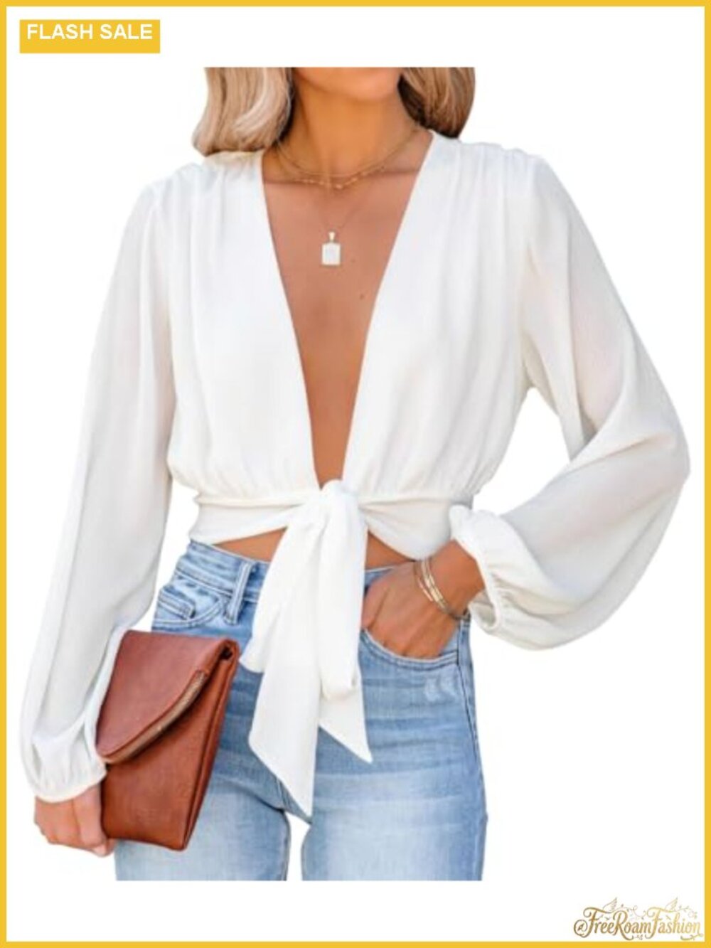 Women's Deep V Neck Wrap Crop Top Long Puff Sleeve Tie Front Blouse